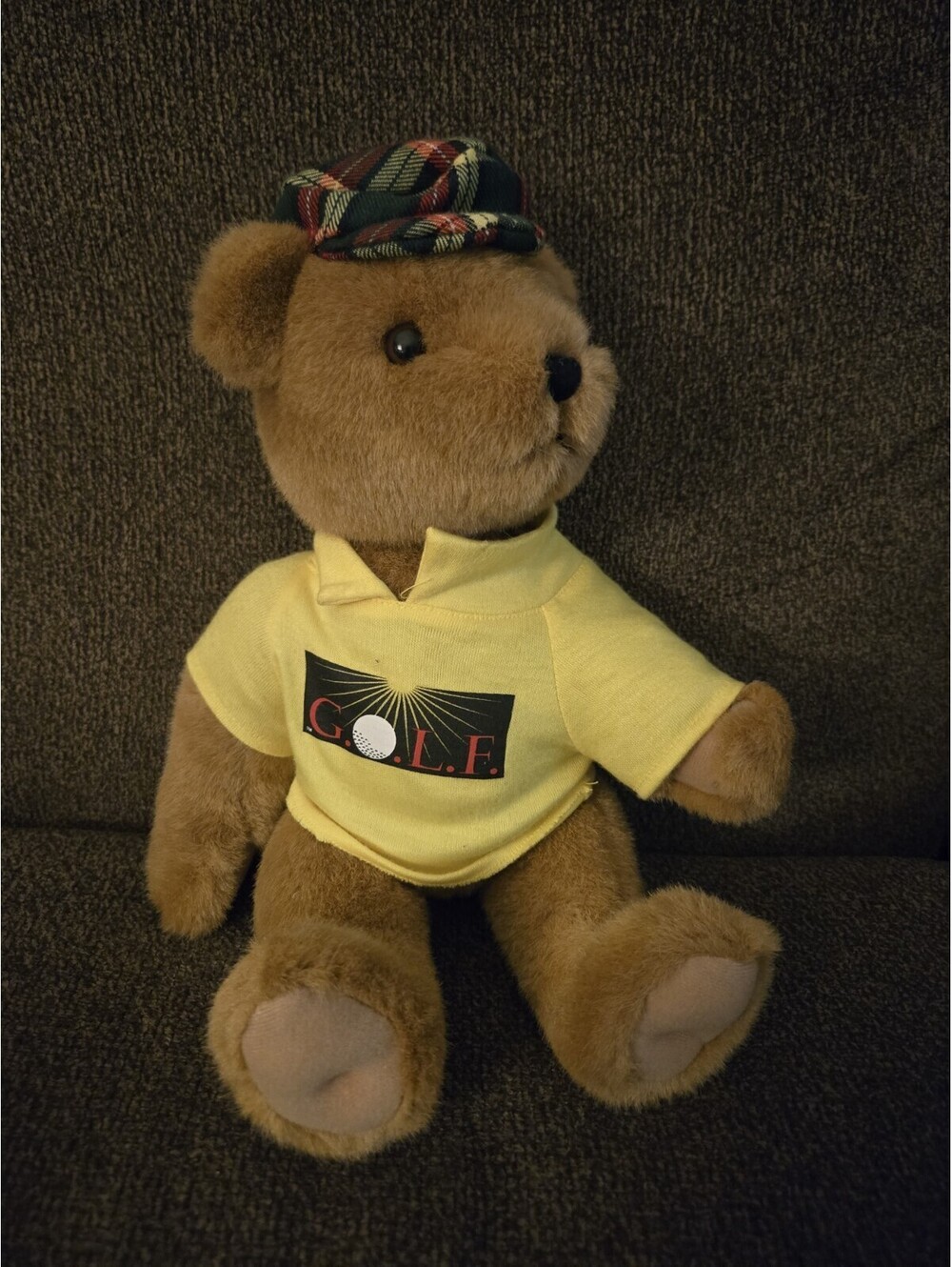 EUC Vintage Golf Teddy Bear Plush Shirt Plaid Hat Moveable Arms/Head Masters 13"